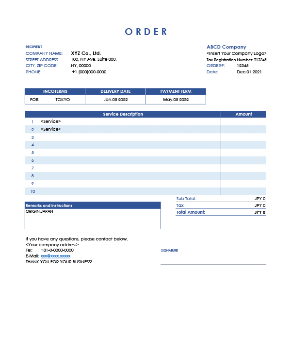 インボイス制度対応・英語（ブルー）の基本的な発注書Excelテンプレート